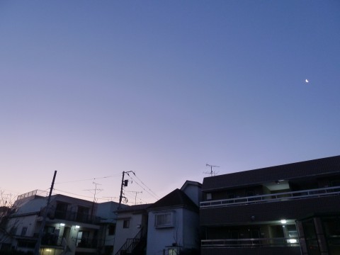 朝と夜のはざ間を漂う明け方の月